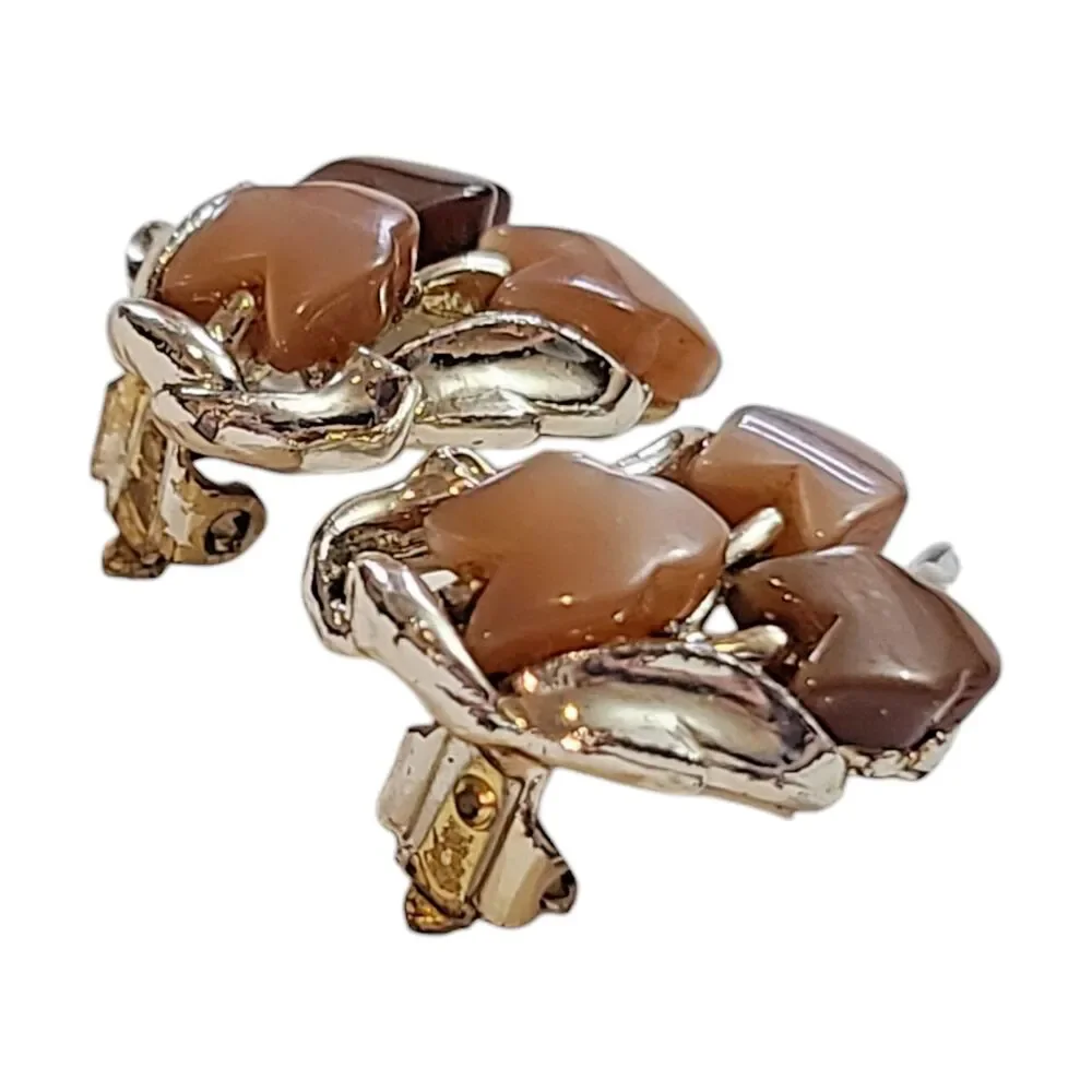 Vintage 80s Silver Tone Moon Glow Leaf Autumn Fall Clip On Earrings